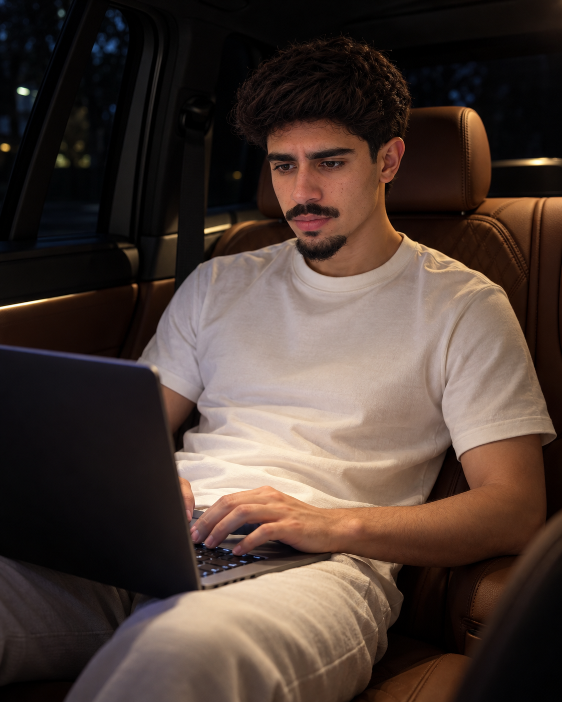 Representação em IA de Bessa usando notebook no interior de um carro à noite